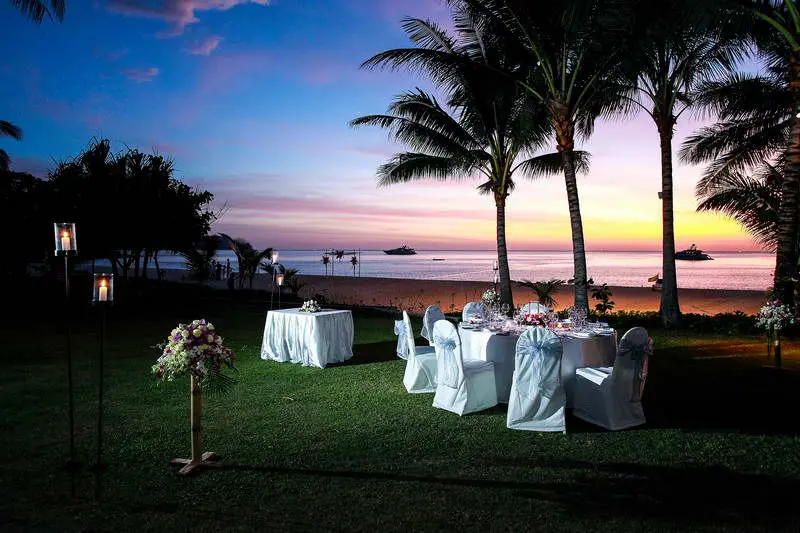 wedding reception setup with stunning sunset in Koh Tao