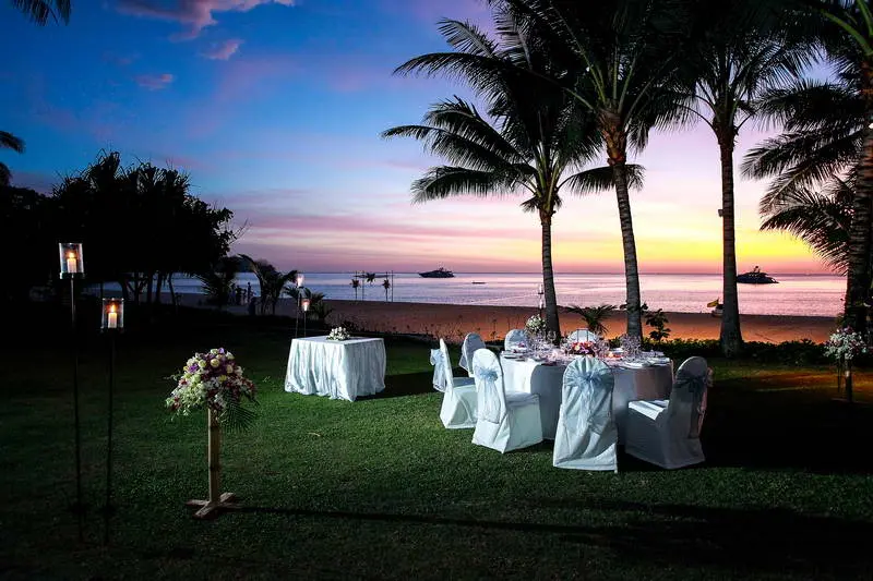 wedding reception setup with stunning sunset in Koh Tao